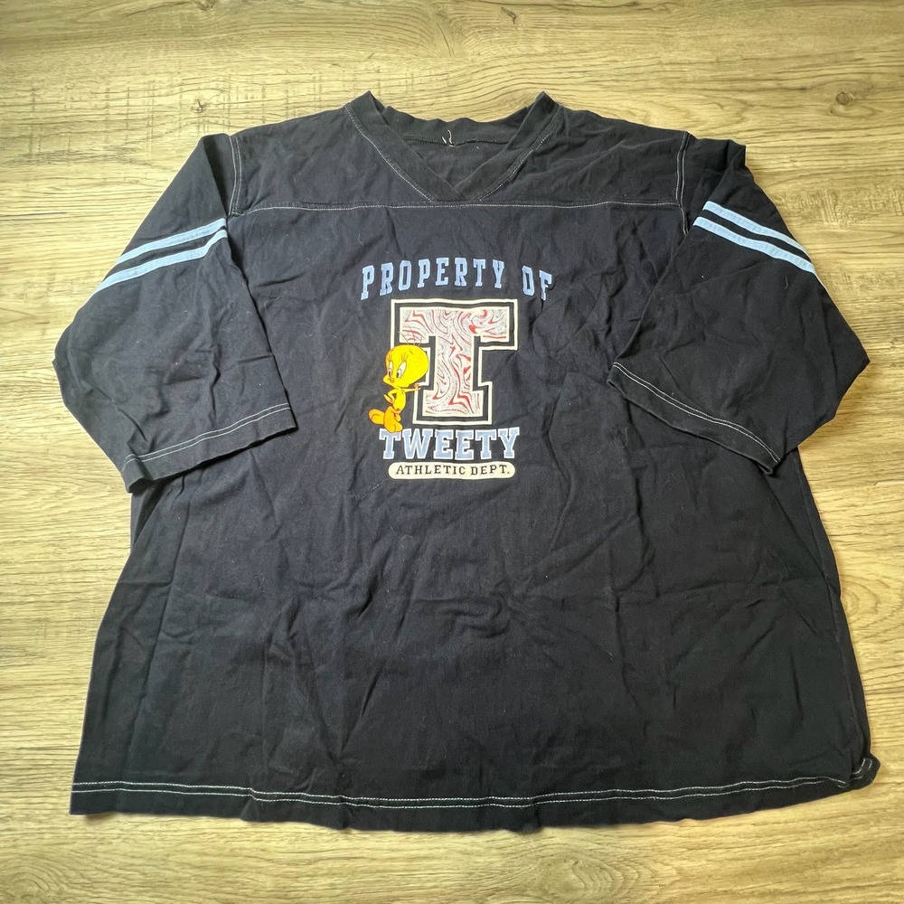 Looney Tunes Tweety Bird Jersey Shirt Mens XL Black Graphic V-Neck Vintage Style